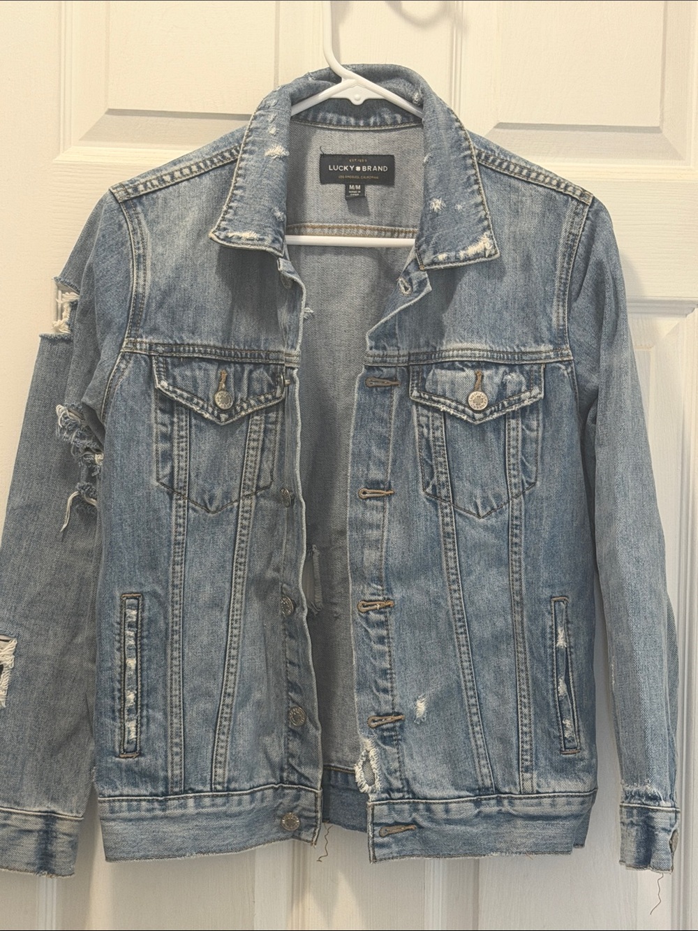 Lucky Brand Light Blue Distressed “The Tom Boy Trucker” Denim Jacket Size M